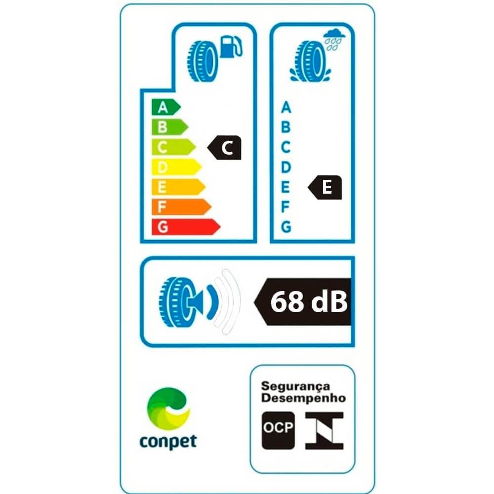 Selo de eficiência energética do pneu Hankook Optimo K415 aro 17 215/55R17 94V com classificações de consumo C, aderência E, e ruído 68 dB