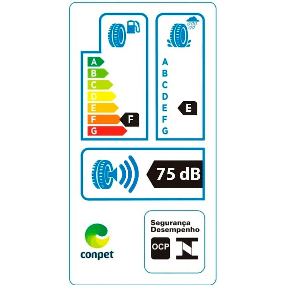Etiqueta de eficiência energética do pneu Hankook com classificação de consumo, aderência e ruído segundo Inmetro
