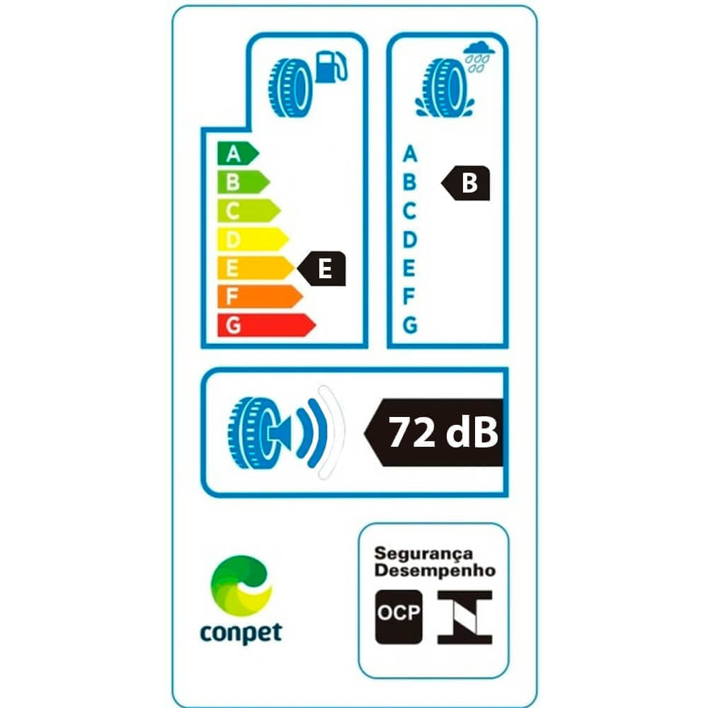 Etiqueta de eficiência energética do pneu com classificação de consumo, aderência e nível de ruído