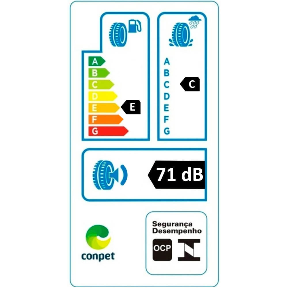 Etiqueta de eficiência do pneu Pirelli Cinturato P1 Plus mostrando consumo de combustível nível E, aderência nível C e ruído 71 dB