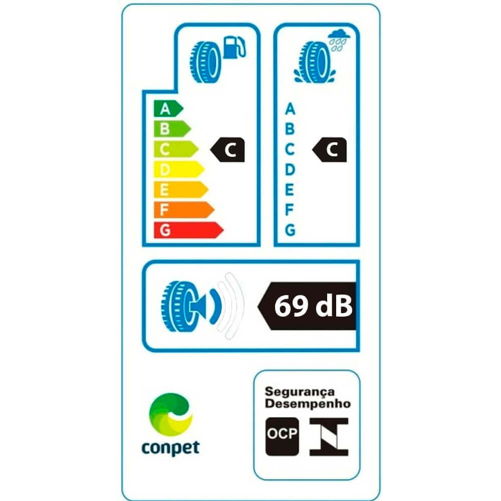 Etiqueta de eficiência do pneu Durable aro 17 205/50R17 93W Sport D+ Extra Load mostrando classificações de consumo de combustível, aderência em piso molhado e ruído externo.
