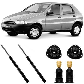 Amortecedores-dianteiros-Monroe-para-Fiat-Palio-96-a-98-com-kit-de-instalacao-mostrando-pecas-e-modelo-do-carro-
