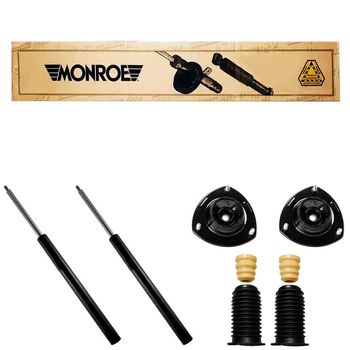 Amortecedores-dianteiros-Monroe-para-Fiat-Palio-96-a-98-com-kit-de-instalacao-mostrando-pecas-e-modelo-do-carro-