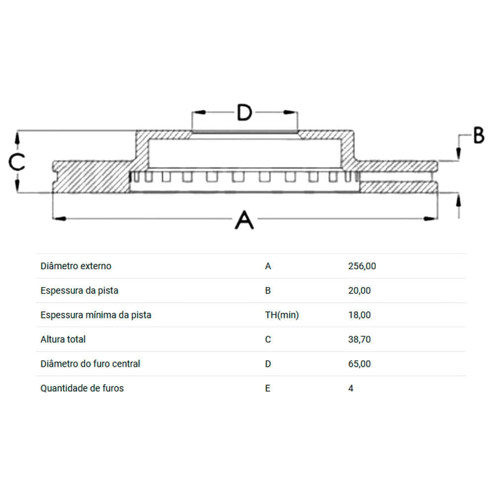 Desenho técnico do disco de freio ventilado com medidas e especificações