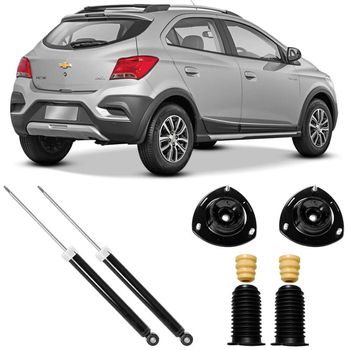 Amortecedores-traseiros-Nakata-e-kit-compativeis-com-Onix-Activ-2017-a-2018-destacados-ao-lado-de-veiculo-prata-