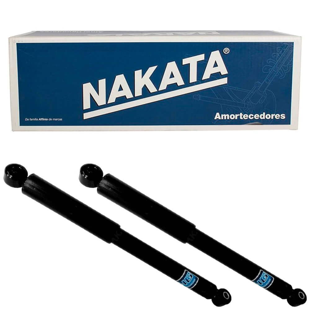 Dois amortecedores em frente à caixa azul e branca com marca Nakata