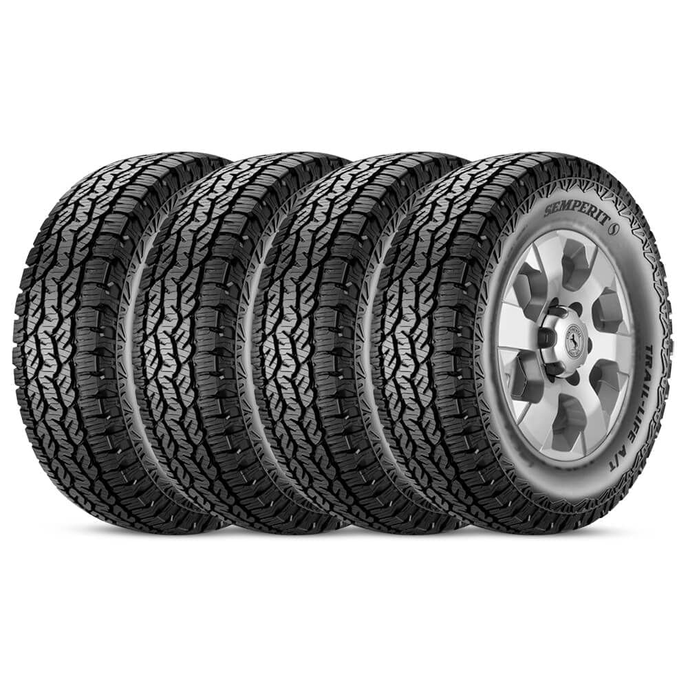 Imagem do kit com 4 pneus Semperit by Continental aro 16 modelo 265/70R16 112S FR Trail Life A/T mostrando o design robusto e selo de eficiência energética INMETRO.