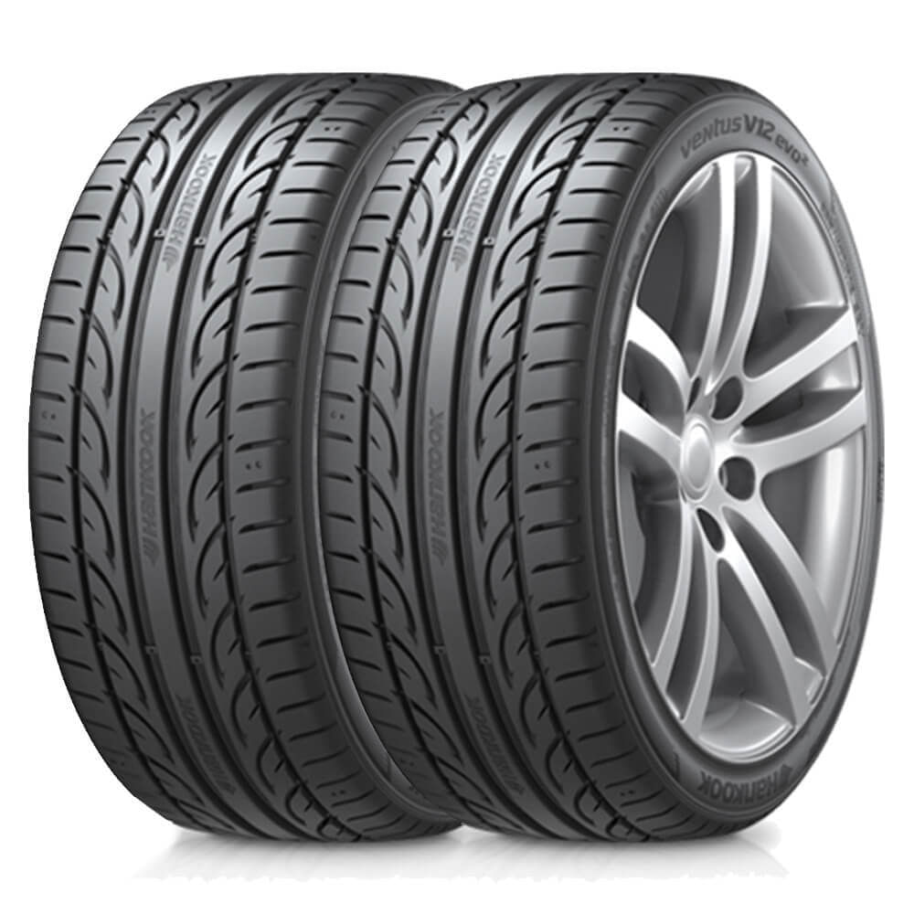 Imagem do Kit 2 Pneus Hankook Ventus V12 Evo K110 aro 20, mostrando pneus lado a lado com detalhes do selo de eficiência energética e características do pneu.