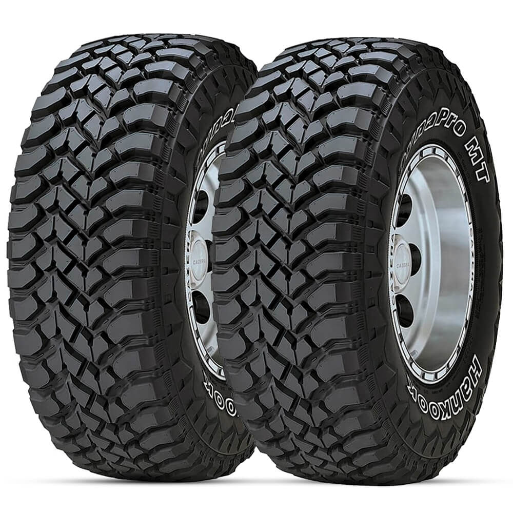 Imagem do Kit com dois pneus Hankook Dynapro MT RT03 aro 15 mostrando o selo de eficiência do INMETRO