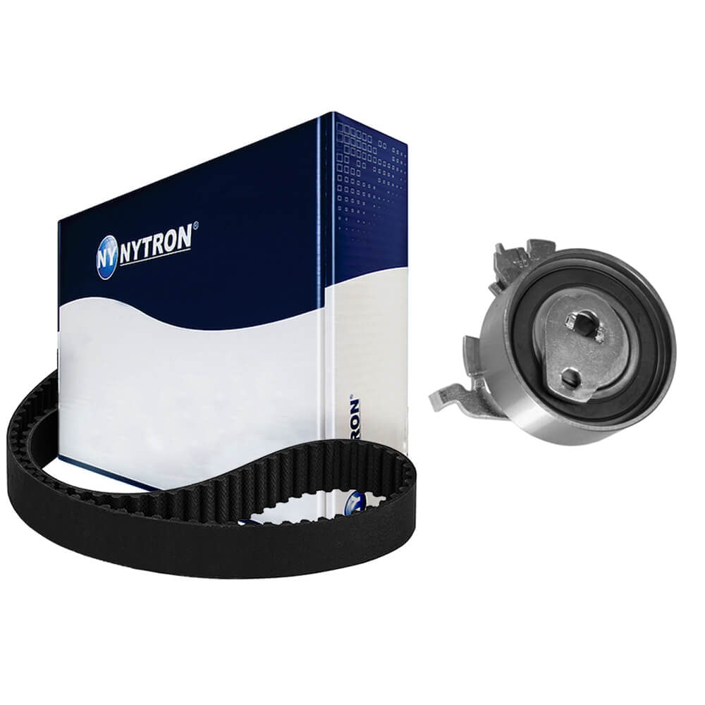 Kit correia dentada Nytron com correia preta e tensor prateado sobre fundo branco