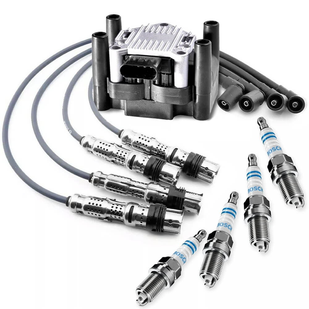 Close do kit de ignição Bosch com bobina, cabos e velas para Gol G5 G6
