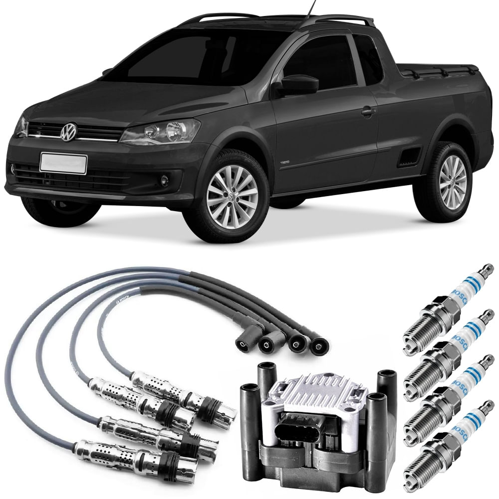 Componentes do kit vela, cabo e bobina Bosch para VW Saveiro 1.6 8V