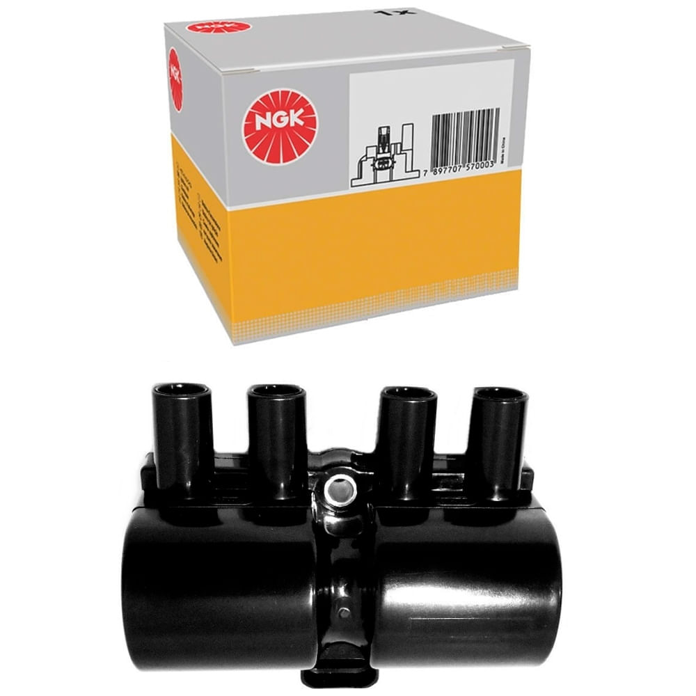 Bobina de ignição NGK para Fiat Idea 1.8, vista frontal com quatro saídas para cabos, fundo branco