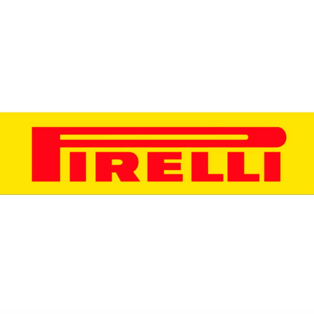 Logo da marca Pirelli em destaque com fundo amarelo e letras vermelhas