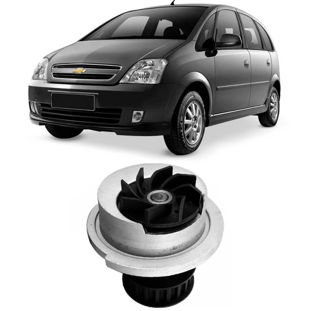 Aplicação da bomba d'água Indisa ao lado de um Chevrolet Meriva prata, destacando compatibilidade