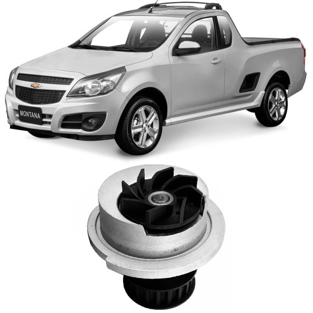 Chevrolet Montana prata ao lado de bomba d'água metálica, indicando compatibilidade