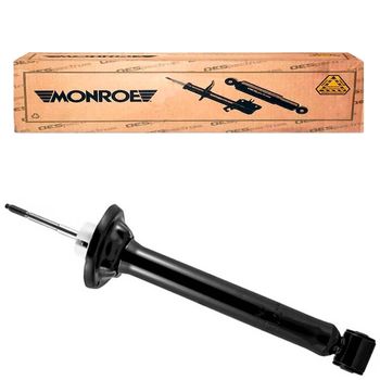 Amortecedor-traseiro-Monroe-334441MM-para-Parati-96-a-2013-com-embalagem-ilustrativa-e-peca-visivel-em-fundo-preto-