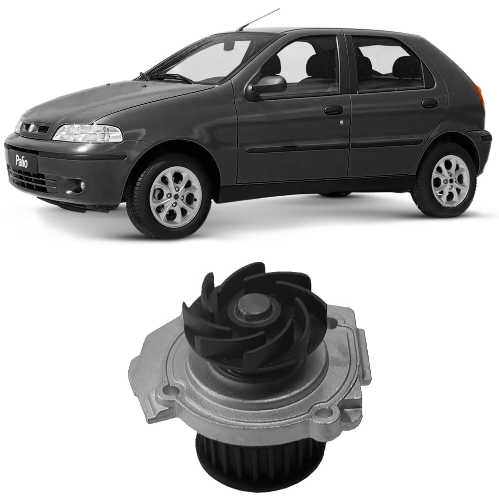 Imagem da bomba d'água para Fiat Palio com carro ao fundo mostrando compatibilidade