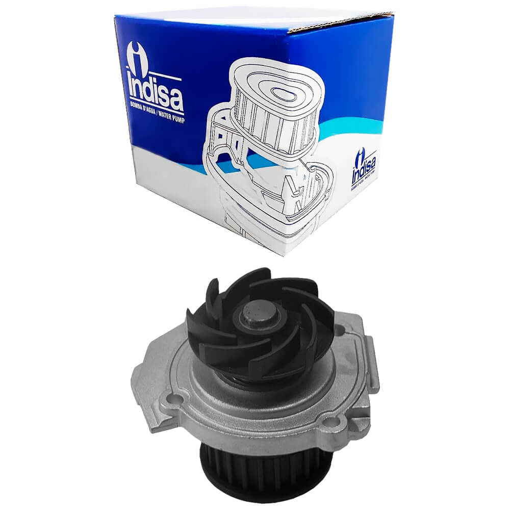 Bomba d'água automotiva Indisa para Fiat Palio, corpo metálico prateado e rotor preto