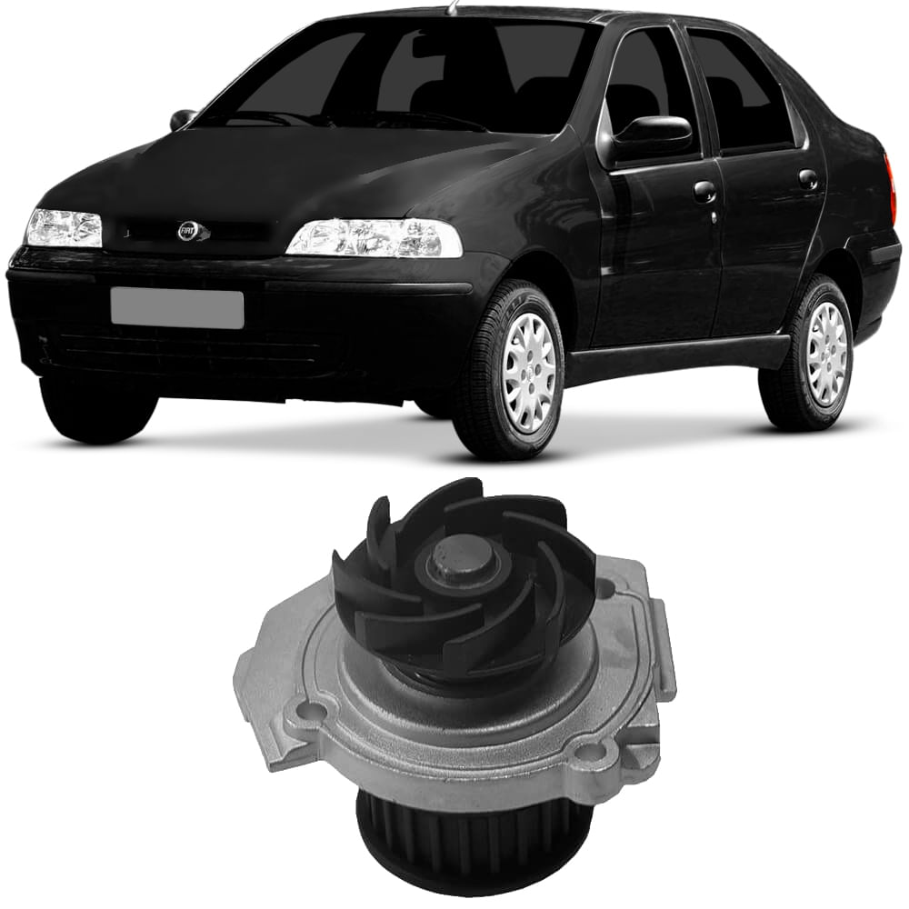Bomba d'água Indisa ao lado de Fiat Siena preto, mostrando compatibilidade