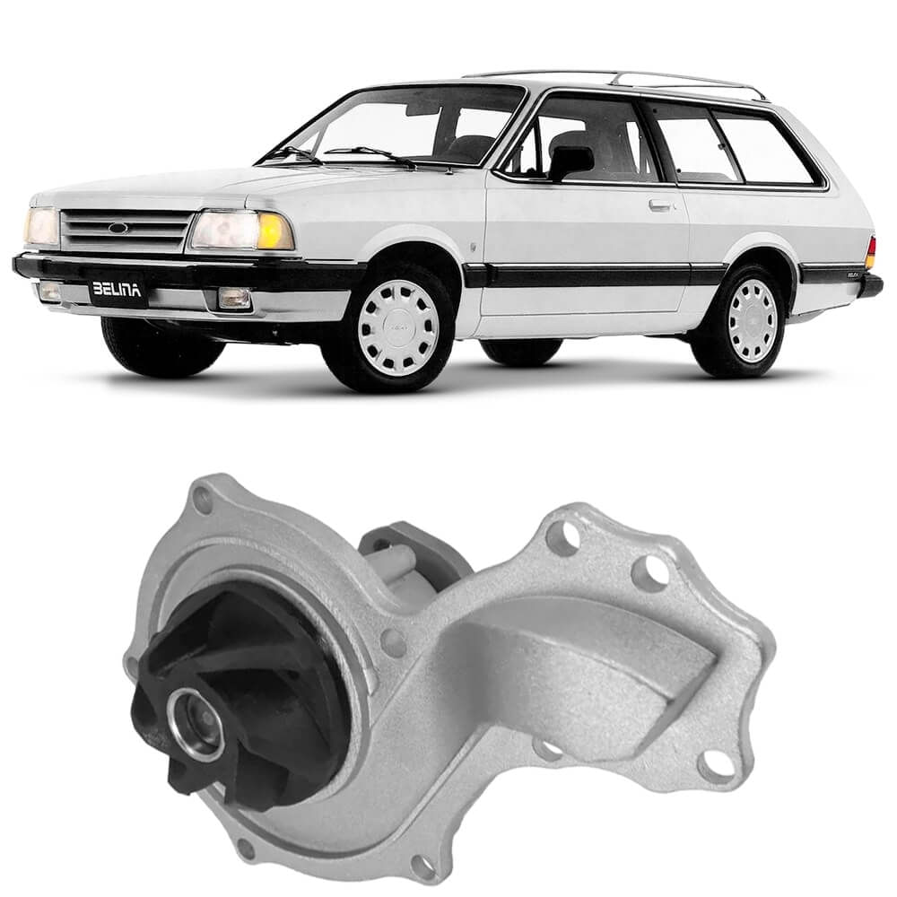 Composição mostrando Ford Belina e bomba d'água Indisa indicando aplicação