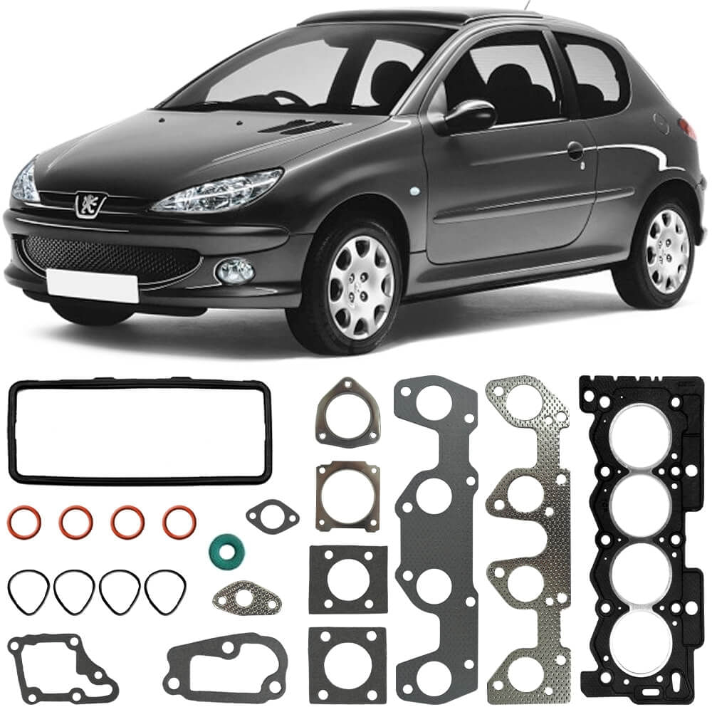 Jogo de juntas para motor Peugeot 206 com peças dispostas sobre fundo branco