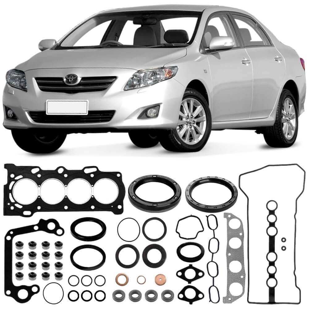 Conjunto completo de juntas para motor Toyota Corolla 1.6 e 1.8 2002-2014 Sabó com peças dispostas sobre fundo branco