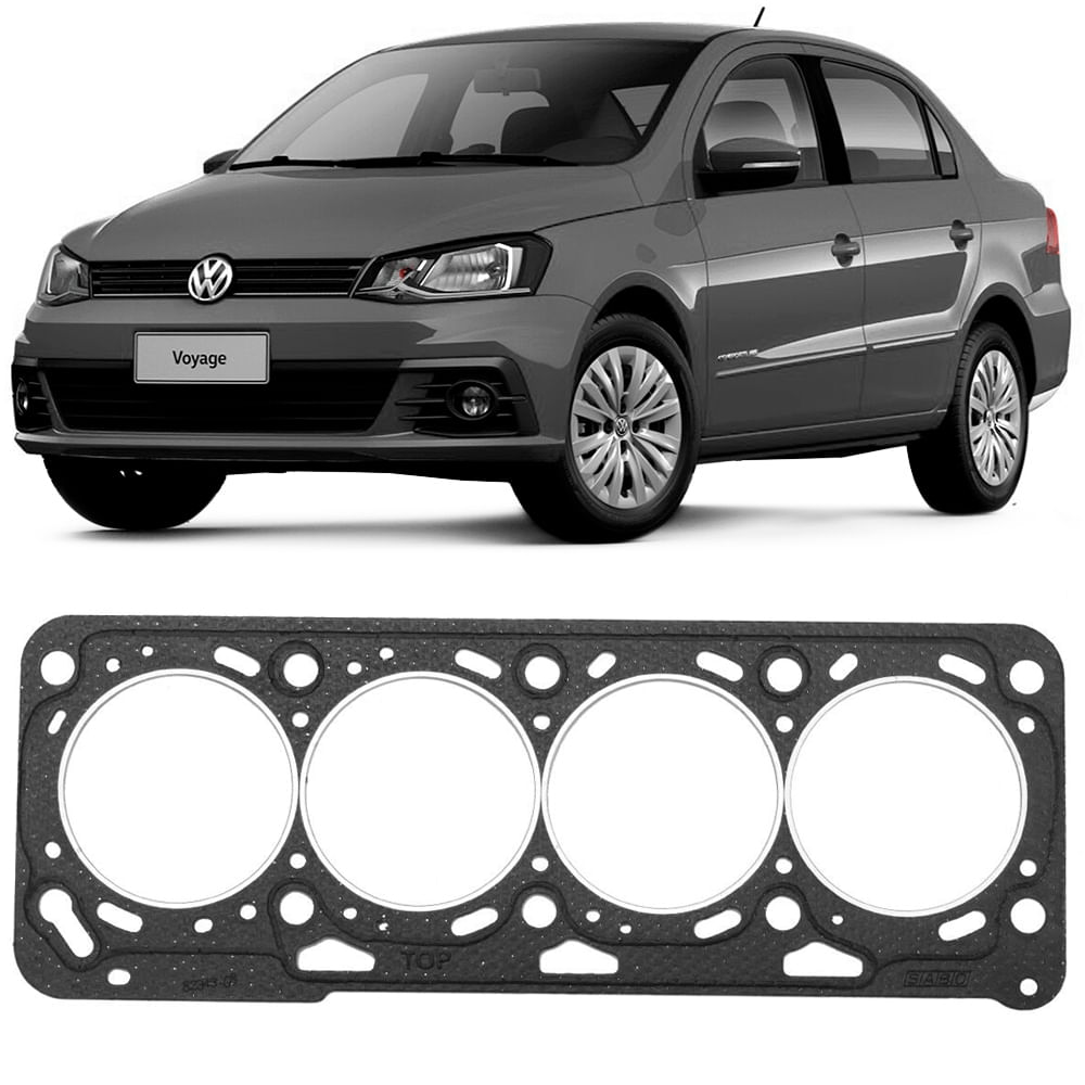 Junta de cabeçote preta para motor Volkswagen Voyage com quatro aros metálicos em fundo branco