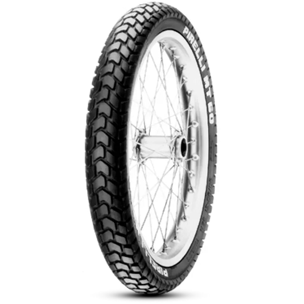 Selo do Inmetro mostrando eficiência, aderência e ruído do pneu Pirelli MT60 aro 19 90/90-19 52P dianteiro
