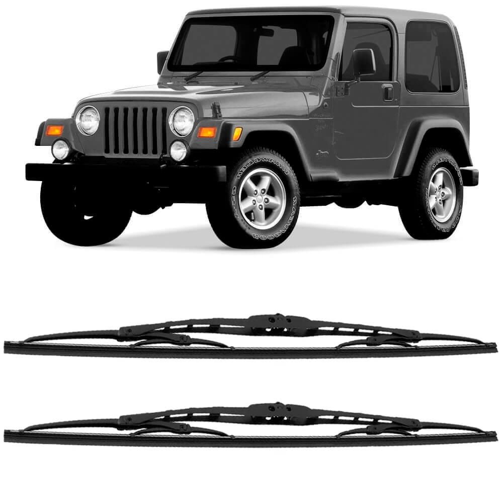 Jeep Wrangler cinza com palhetas limpador dianteiras Dyna em destaque
