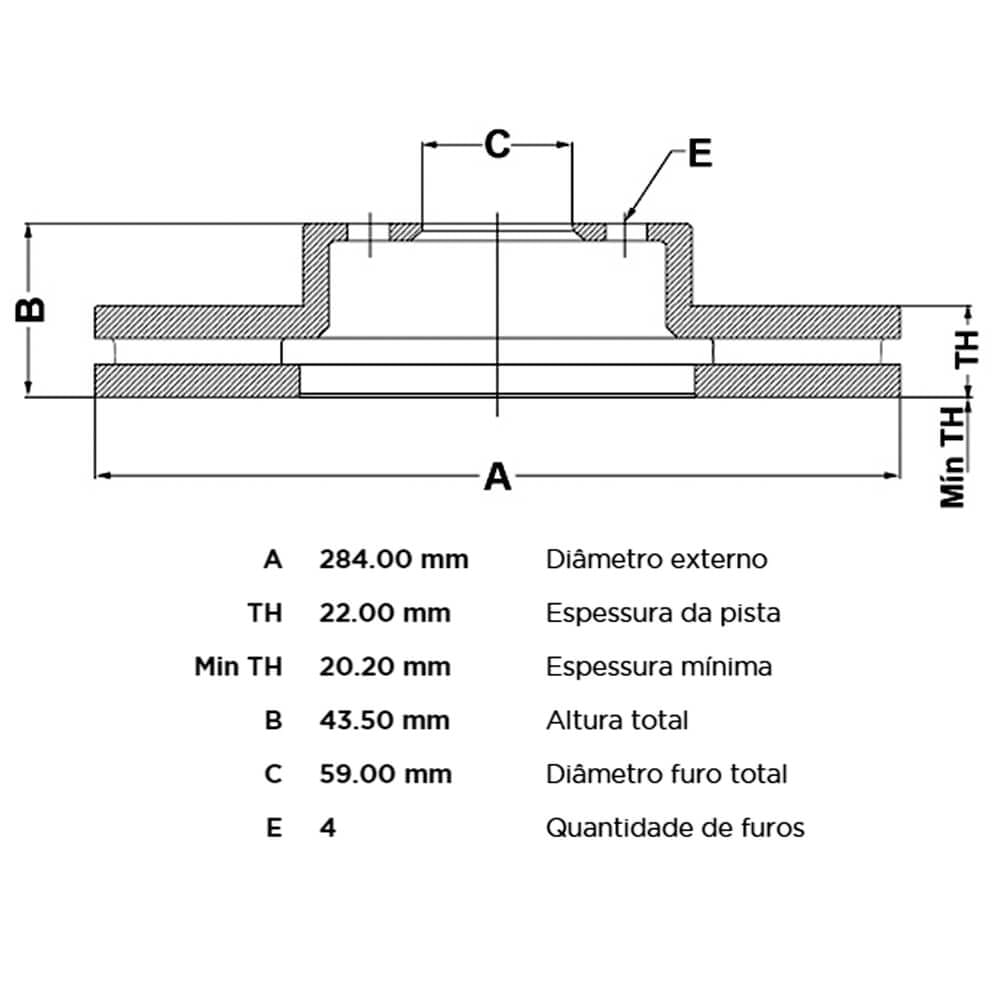 Desenho técnico com medidas do disco de freio ventilado para especificações