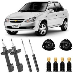 Amortecedores-Nakata-e-kit-para-Corsa-Classic-2003-a-2016-imagem-mostrando-componentes-e-carro-modelo-