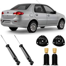 Amortecedores-traseiros-Nakata-para-Siena-97-a-2015-com-kit-de-montagem-mostrando-o-carro-e-componentes-em-destaque-