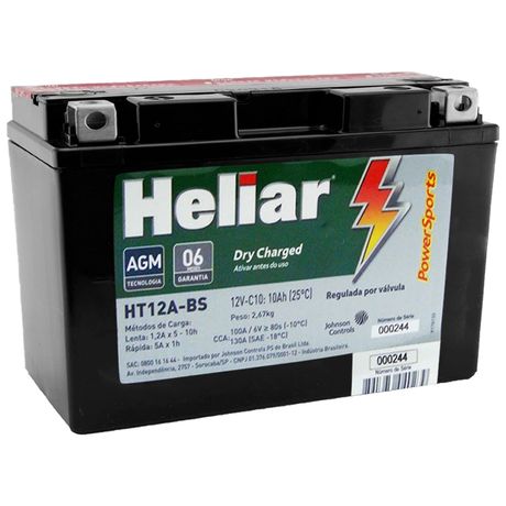 Bateria Moto Heliar HT12ABS PowerSports Selada 10Ah 12 Volts Caixa Baixa 10,5 Altura