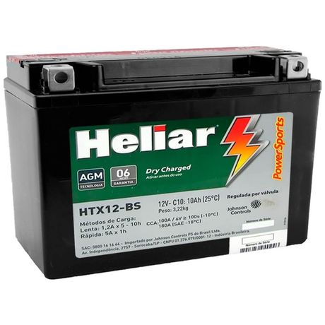Bateria Moto Kawasaki Er-6n Heliar HTX12BS PowerSports Selada 10Ah 12 Volts Caixa Alta 13,00 Altura