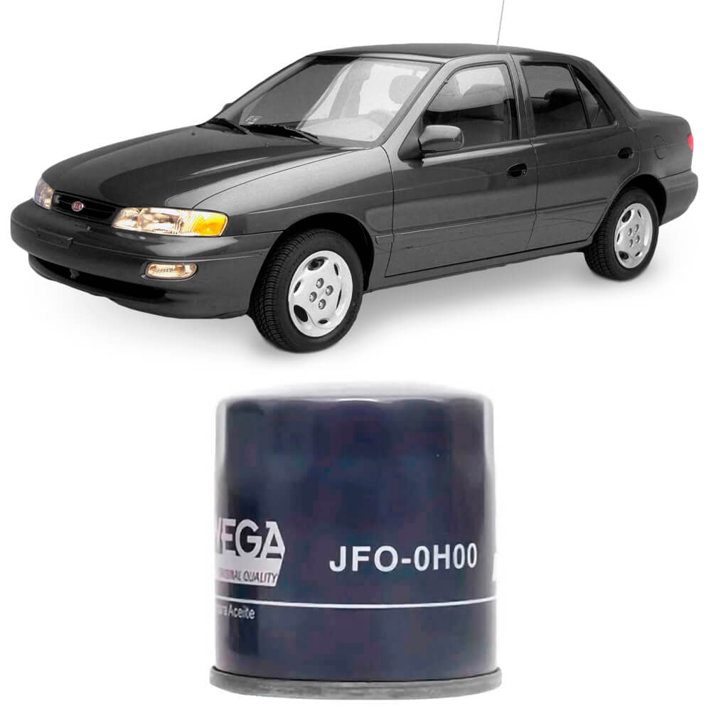 Filtro de óleo azul escuro Wega para Kia Sephia, com carro Kia Sephia cinza ao fundo