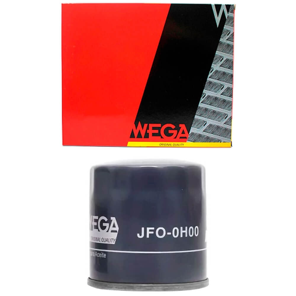 Filtro de óleo Wega azul com embalagem ao fundo
