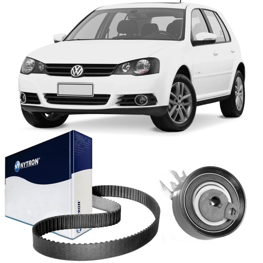 VW Golf branco ao lado do kit correia dentada Nytron e embalagem