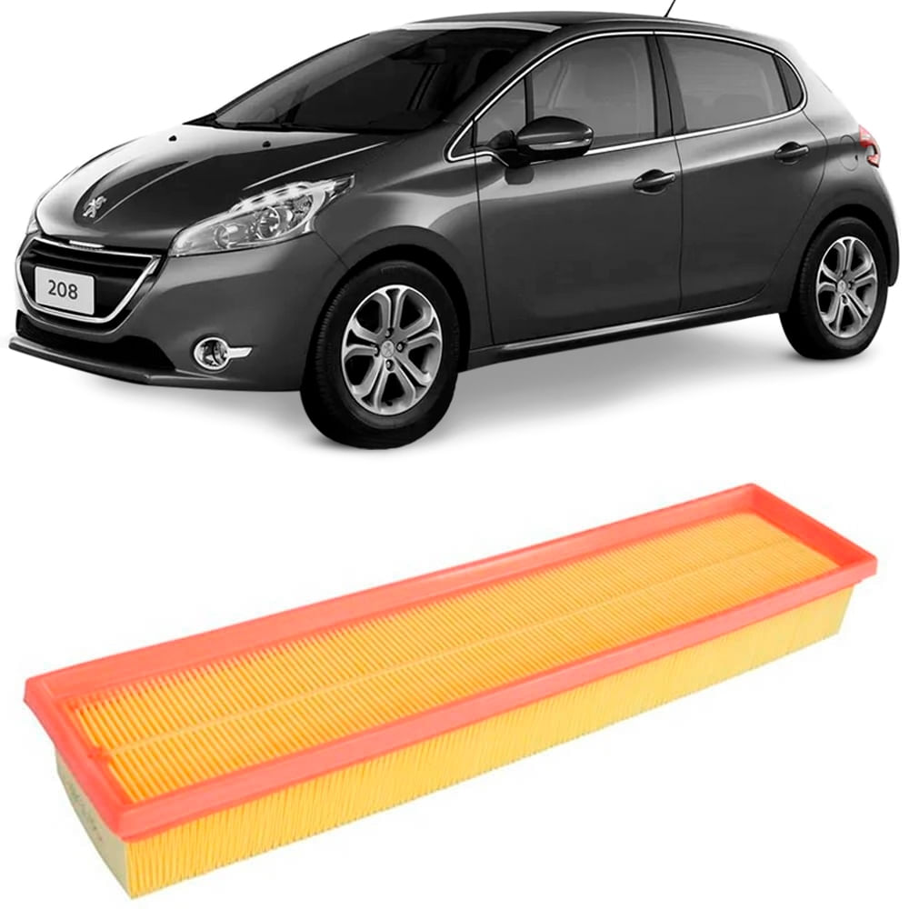 Filtro de ar retangular amarelo com borda laranja e Peugeot 208 ao fundo