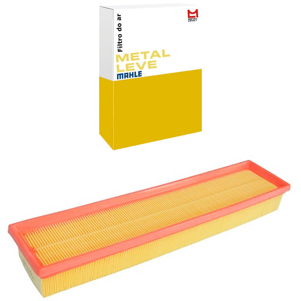 Filtro de ar amarelo com borda laranja ao lado da embalagem Metal Leve e Mahle