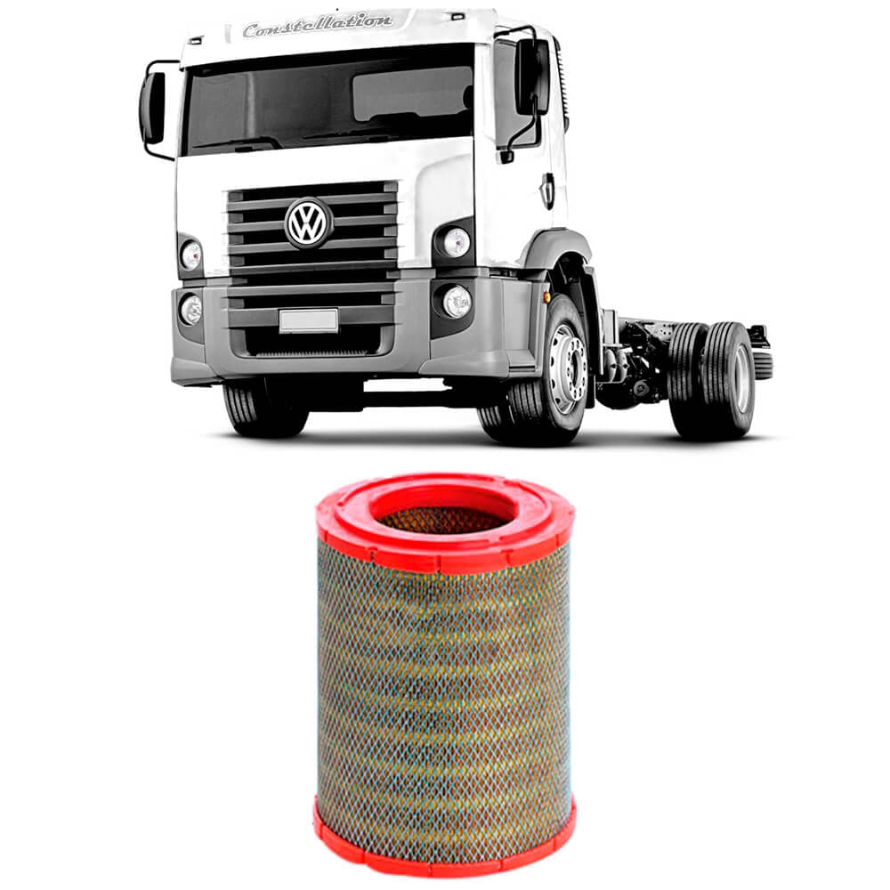 Filtro de ar cilíndrico Metal Leve com caminhão Volkswagen Constellation ao fundo