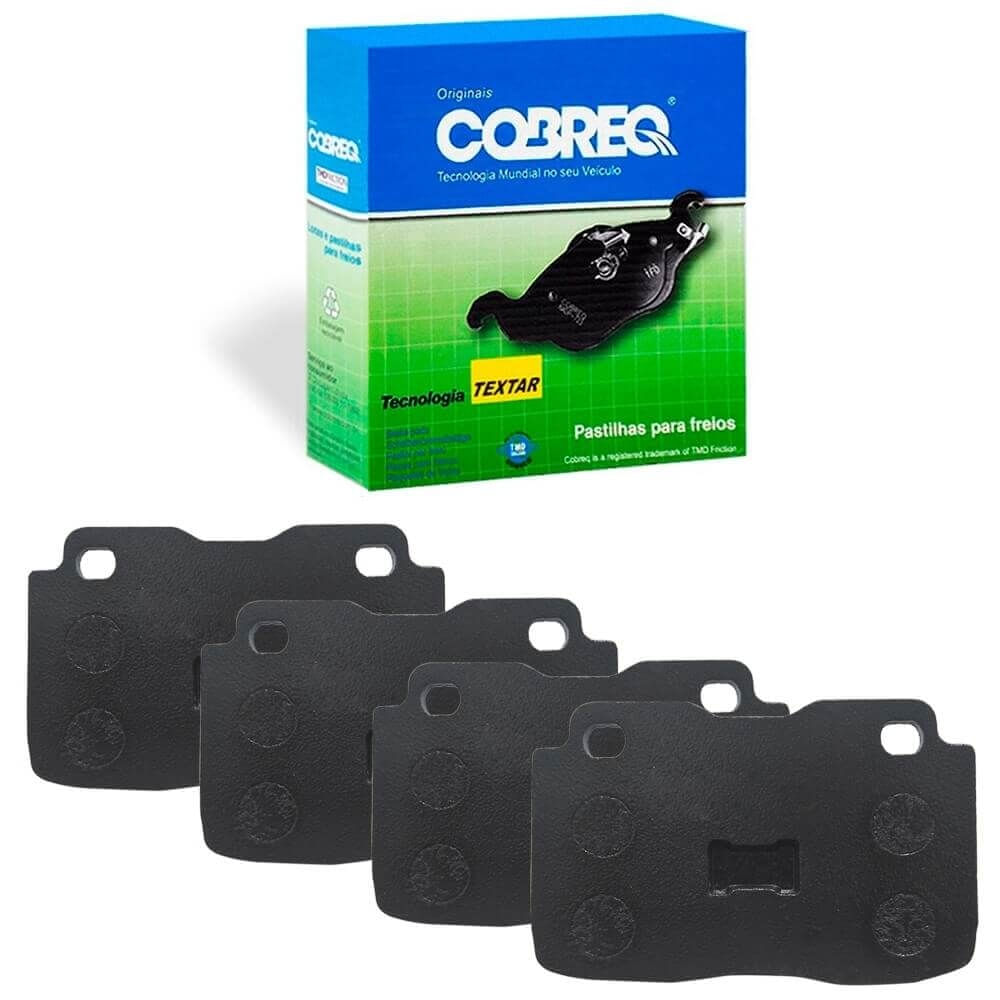 Kit de pastilhas de freio Cobreq com embalagem azul e verde e quatro pastilhas dispostas