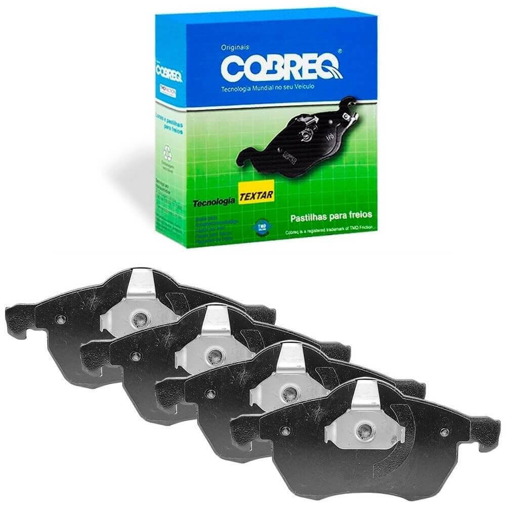 Caixa de embalagem azul e verde da marca Cobreq com quatro pastilhas de freio dianteiras para Chevrolet Meriva 2003-2010.