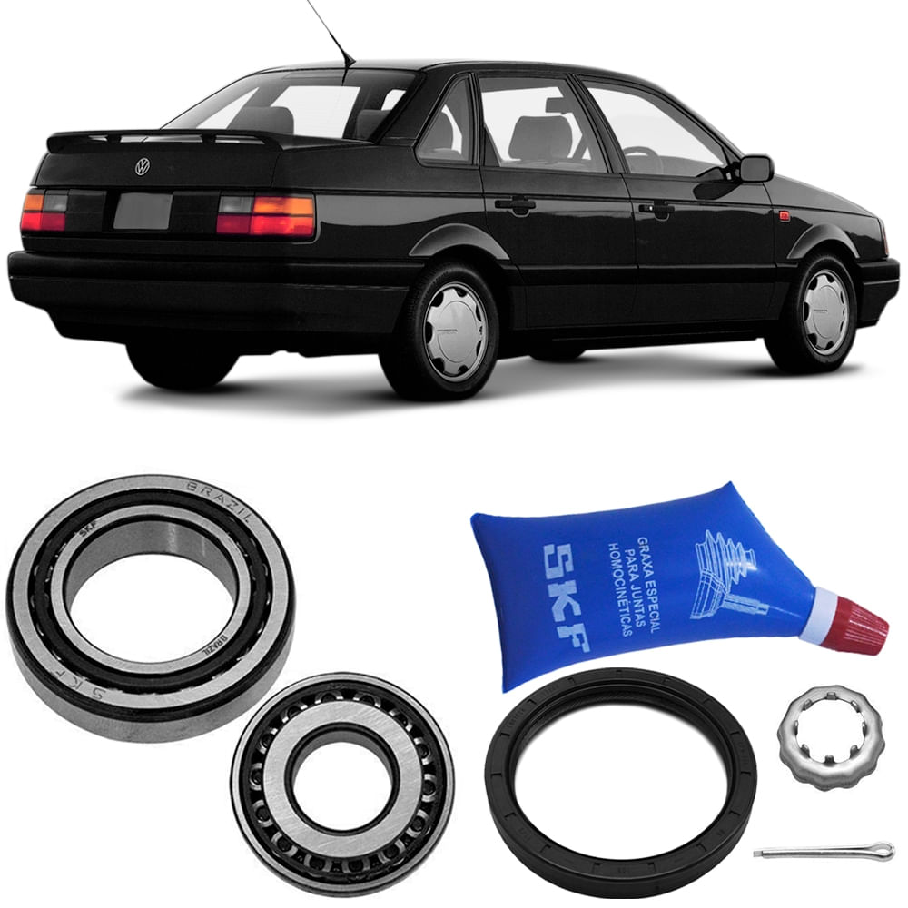 Kit rolamento roda traseira Passat 74-96 SKF com componentes e veículo Passat ao fundo