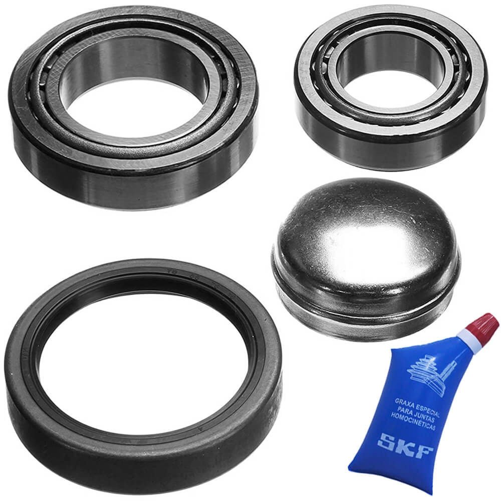 Detalhe do kit de rolamento traseiro SKF com componentes expostos em fundo branco