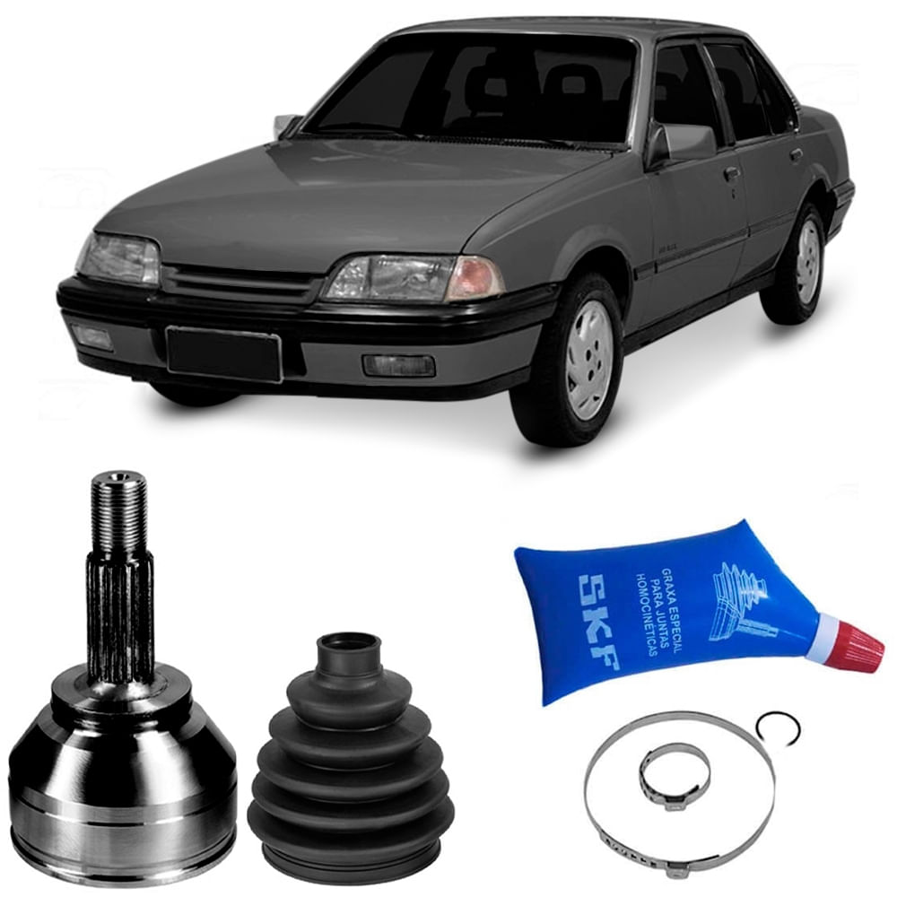 Chevrolet Monza cinza com kit de junta homocinética e acessórios em fundo branco