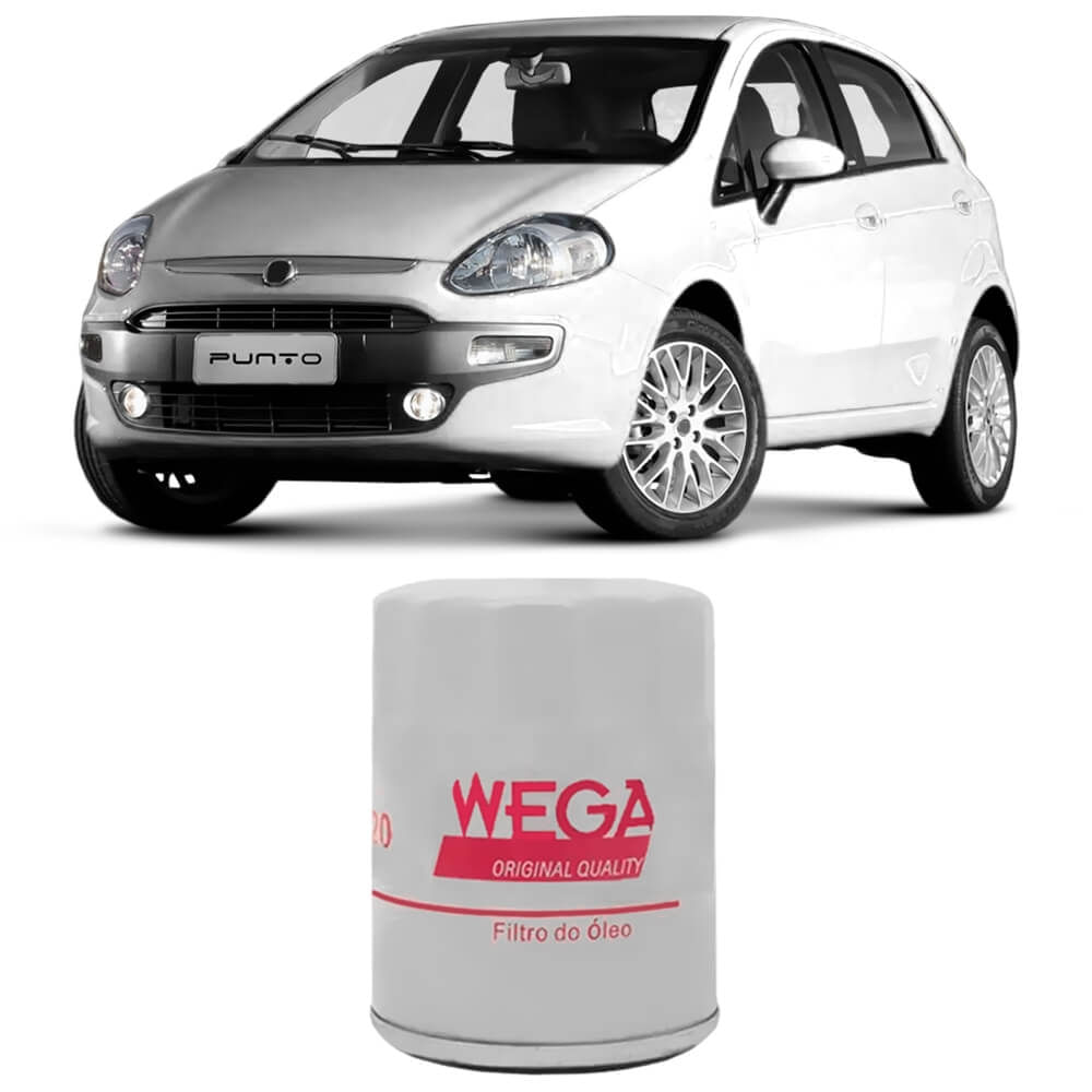 Filtro de óleo Wega branco com logo vermelho e Fiat Punto ao fundo