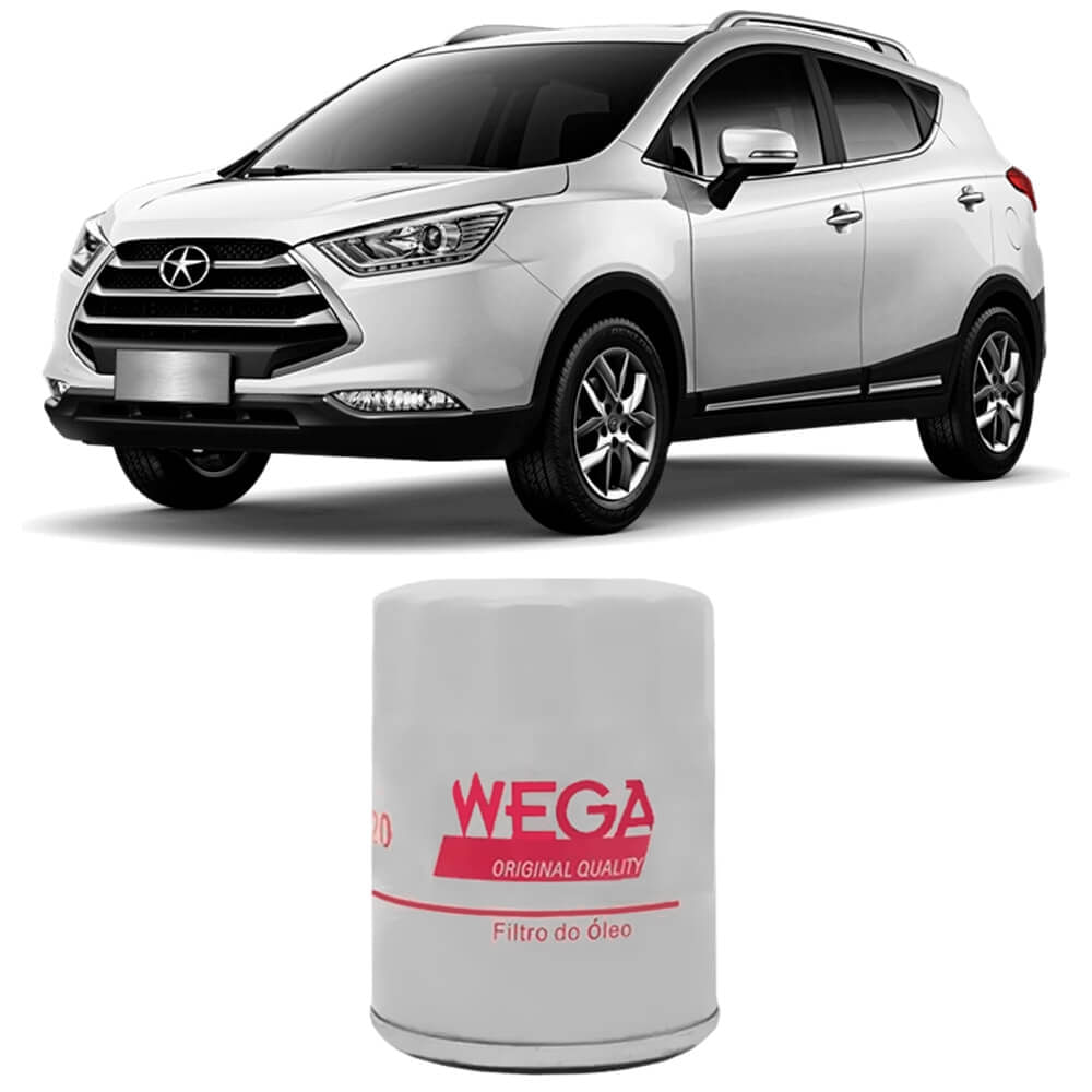 Filtro de óleo Wega branco em primeiro plano com SUV JAC T5 branco ao fundo
