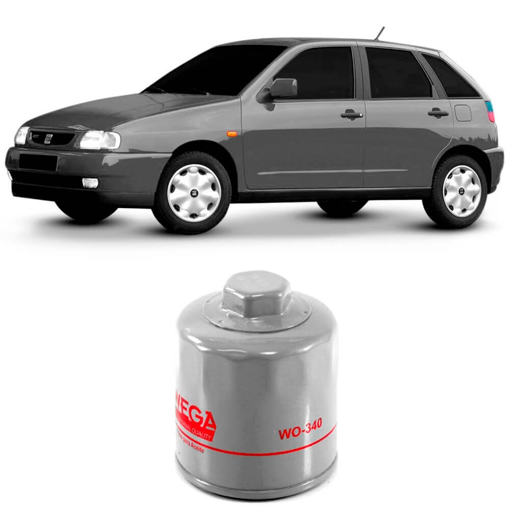 Filtro de óleo Wega WO-340 em primeiro plano com carro SEAT Ibiza ao fundo