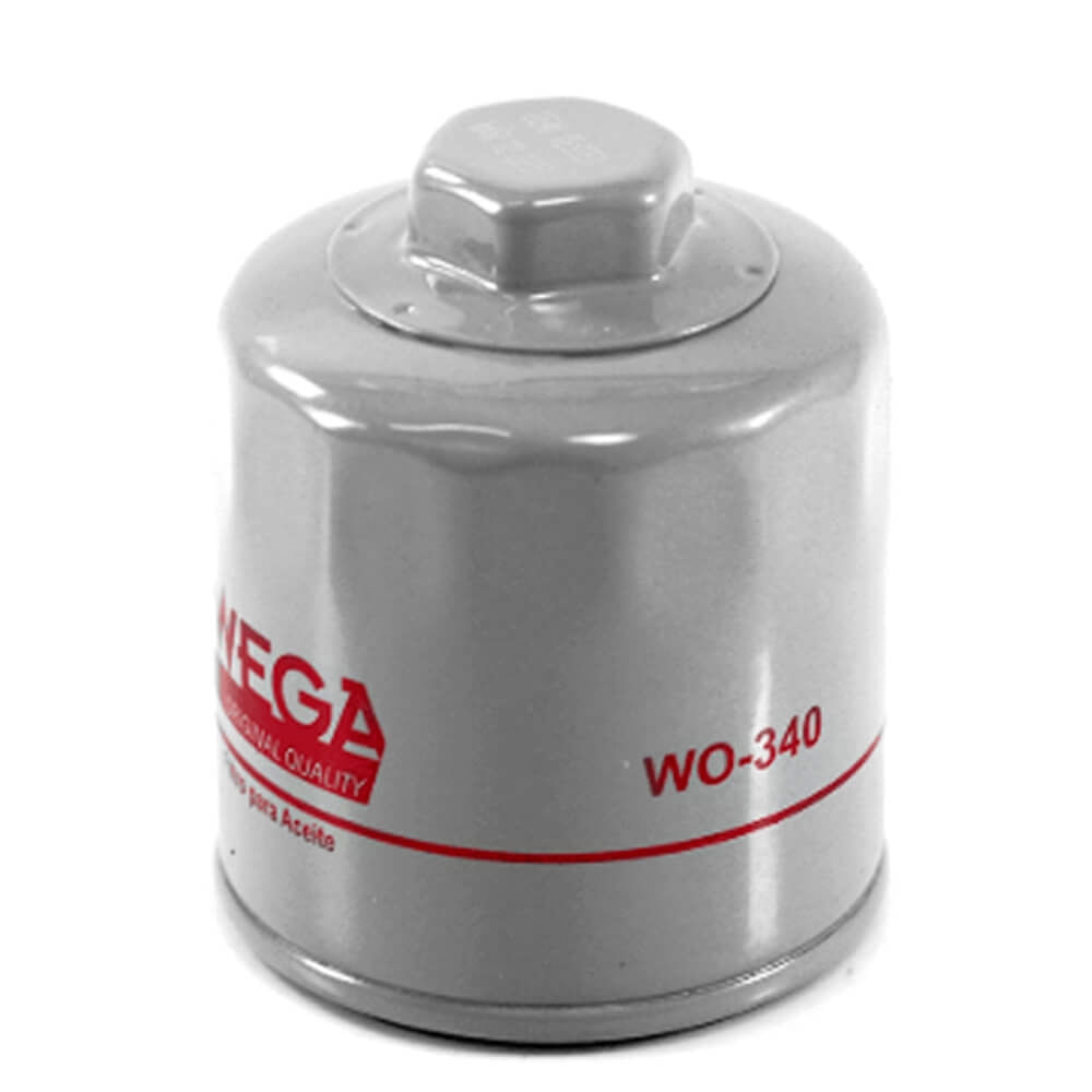Filtro de óleo Wega WO-340 em fundo branco, detalhe do corpo metálico